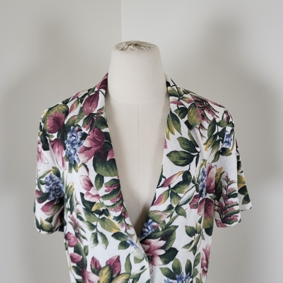 90’s botanical blazer short sleeve blouse button up floral long pockets vintage - Picture 5 of 16